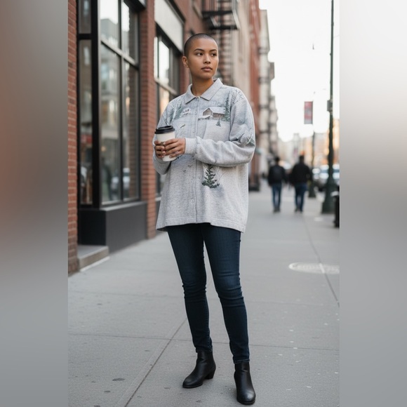 Artisans Knit Winter Scenic Cabin Button Shirt USA Vintage Large - Picture 16 of 16